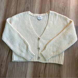 Cream Cardigan Sweater with Rhinestone Bow Buttons Women’s Size M